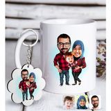 BK Kişiye Özel Tesettürlü Aile Karikatürlü Beyaz Kupa ve Anahtarlık Hediye Seti-2