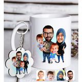 BK Kişiye Özel Tesettürlü Aile Karikatürlü Beyaz Kupa ve Anahtarlık Hediye Seti-3