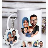 BK Kişiye Özel Tesettürlü Aile Karikatürlü Beyaz Kupa ve Anahtarlık Hediye Seti-4