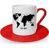 BK Kişiye Özel World Map Tasarımlı Kırmızı Türk Kahvesi Fincanı - 1