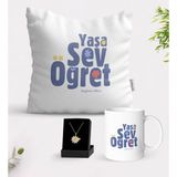 BK Kişiye Özel Yaşa Sev Öğret Beyaz Kupa Yastık ve Isimli Papatya Kolye Hediye Seti-2