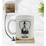 BK Model 15 Kişiye Özel Baba Godfather Tasarımlı Beyaz Kupa Bardak ve Ahşap Bardak Altlığı Hediye Seti