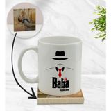 BK Model 17 Kişiye Özel Baba Godfather Tasarımlı Beyaz Kupa Bardak ve Ahşap Bardak Altlığı Hediye Seti