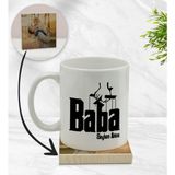 BK Model 5 Kişiye Özel Baba Godfather Tasarımlı Beyaz Kupa Bardak ve Ahşap Bardak Altlığı Hediye Seti