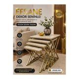 BKLİFE Eskitme Gold Zigon Sehpa Seti 4’lü – Traverten Desen MDF Üst – Modern & Klasik Salon Sehpası