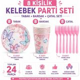 Bkmc Kelebek Temalı Doğum Günü Parti Seti | 8 ve 16 Kişilik | Tabak Bardak Çatal Seti | Doğum Günü Sofra Süsleme - Pembe - 8 kişilik