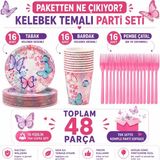 Bkmc Kelebek Temalı Doğum Günü Parti Seti | 8 ve 16 Kişilik | Tabak Bardak Çatal Seti | Doğum Günü Sofra Süsleme - Pembe