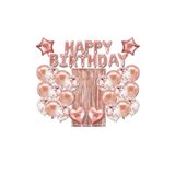 Bkmc Lüks Happy Birthday Rose Gold Folyo Balon, Yıldız ve Kalp Folyo ve Şeffaf Balonlu Doğum Günü Seti