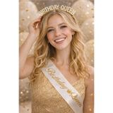 Bkmc Metal Birthday Queen Taç & Kuşak Seti – Gold Gümüş Doğum Günü Aksesuarı (2’li Set)