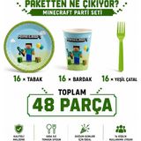 Bkmc Minecraft Temalı Doğum Günü Parti Seti | 8 ve 16 Kişilik | Tabak Bardak Çatal Seti | 24 / 48 Parça | Çocuk Doğum Günü Sofra Seti - Yeşil - 16 KİŞİLİK