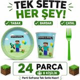 Bkmc Minecraft Temalı Doğum Günü Parti Seti | 8 ve 16 Kişilik | Tabak Bardak Çatal Seti | 24 / 48 Parça | Çocuk Doğum Günü Sofra Seti - Yeşil - 8 KİŞİLİK