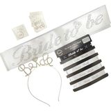 Bkmc Party Bride To Be Bekarlığa Veda Seti 5 Parça – Taşlı Kuşak, Taşlı Metal Taç, Bileklik ve Dövme Seti - Beyaz - Gold - beyaza gümüş