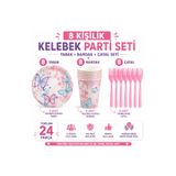 BKMC PARTY Kelebek Doğum Günü Seti | 8 16 Kişilik Parti Sofra Seti | Tabak + Bardak + Çatal | Kız Çocuk Doğum Günü