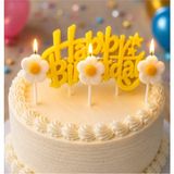 Bkmc Party 🌼 Papatya Temalı Happy Birthday Pasta Mum Seti | 4'lü Dekoratif Doğum Günü Mumu - Sarı - Beyaz