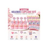 BKMC PARTY Premium Butterfly Kelebek Parti İkram Seti | 8 Cupcake Kalıbı + 8 Kelebek Kürdan Süsü + 8 Baskılı Mısır Kutusu | Doğum Günü Süsleri 24 Parça