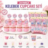 BKMC PARTY Premium Butterfly Kelebek Parti İkram Seti | 8 Cupcake Kalıbı + 8 Kelebek Kürdan Süsü + 8 Baskılı Mısır Kutusu | Doğum Günü Süsleri 24 Parça