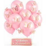 Bkmc Party Soft 3D Kelebekli Balon Seti – 10 Balon + 20 Kelebek Doğum Günü Parti Seti Süsü - Pembe