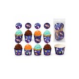Bkmc Uzay Temalı Cupcake Kalıbı ve Kürdan Seti 16 Parça | 8 Cupcake Kalıbı + 8 Uzay Cupcake Süsü | Astronot Roket Doğum Günü Parti Süsleri