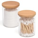 BKYFPQ 2'li Paket Cam Qtip Tutucu Dispenser Bambu Kapaklı Banyo Kavanozları, Banyo Aksesuarları Depolama Düzenleyici, Çiftlik Evi Banyo Dekoru, Boho Banyo Dekoru için Yuvarlak Çubuk Tutucu.