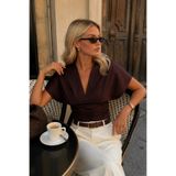 Black Fashion Bel Oturtmalı Büzgülü Yarım Kol Kahverengi Bluz