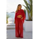 Black Fashion Geniş Yaka Crop Transparan Bluz Yüksek Bel Pantolon İkili Kırmızı Takım