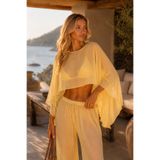 Black Fashion Geniş Yaka Crop Transparan Bluz Yüksek Bel Pantolon İkili Sarı Takım