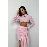 Black Fashion Kol Etiket Detay Çizgili Crop Gömlek - Pembe - Beyaz