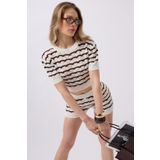 Black Fashion Örgü Detay Çizgili Crop Beyaz Kahverengi Bluz