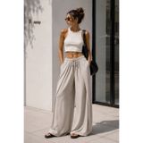 Black Fashion Pile Detay Bağcıklı Taş Keten Pantolon