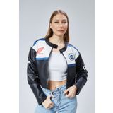 Black Level Kadın Oversize Baskılı Deri Şeritli Motorcu Montu Kısa Fermuarlı Yarışçı Ceketi Bomber Kolej Mont
