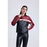 Black Level Kadın Oversize Baskılı Motorcu Ceketi Fermuarlı Kolej Mont Bomber Deri Yarışçı Montu Kırmızı