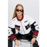 Black Level Kadın Oversize Kot Ceket Kolları Deri Garnili Fermuarlı Motorcu Montu Baskılı Yarışçı Kolej Ceket