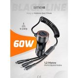 Black Line 60W Araç İçi Şarj Aleti, 5 Port, Spiral Kablolu, Type-C Micro USB Lightning Uyumlu