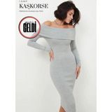 Black Premium Kaşkorse Madonna Yaka Uzun Kollu Mini Elbise-Kayık Yaka Açık Gri