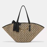 Black Ribbon Breeze Tote Plaj Çantası - Kadın Büyük Boy Omuz Çantası - Bej - Hasır