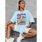 Black Sokak Blacksokak Kadın Bebe Mavi Japon Ördek Baskılı Oversize Bisiklet Yaka T-Shirt - Bebe Mavisi