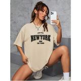 Black Sokak Blacksokak Kadın Bej New York Baskılı Oversize Bisiklet Yaka Tişört