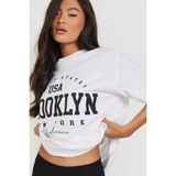 Black Sokak Blacksokak Kadın Beyaz Usa Brooklyn Göğüs Baskılı Oversize Bisiklet Yaka T-Shirt - XL