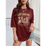 Black Sokak Blacksokak Kadın Bordo Keep Smılıng Baskılı Oversize Bisiklet Yaka Tişört - XL