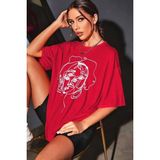Black Sokak Blacksokak Kadın Kırmızı Yüz Baskı Detaylı Oversize T-Shirt - XL