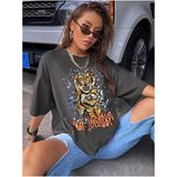 Black Sokak Blacksokak Kadın Koyu Gri Kaplan Baskılı Oversize Bisiklet Yaka T-Shirt - M