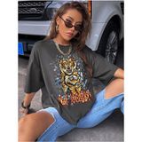 Black Sokak Blacksokak Kadın Koyu Gri Kaplan Baskılı Oversize Bisiklet Yaka T-Shirt - XL