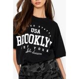 Black Sokak Blacksokak Kadın Siyah Usa Brooklyn Göğüs Baskılı Oversize Bisiklet Yaka T-Shirt