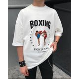 Black Sokak Erkek Beyaz Boxing Baskılı Oversize Bisiklet Yaka Penye Tişört