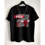 Black Sokak Erkek Siyah Kırmızı Baskılı Bulls Oversize Bisiklet Yaka T-Shirt - 001-Siyah
