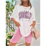 Black Sokak Kadın Açık Pembe Baskılı 1898 Brooklyn New York Beyaz Oversize Bisiklet Yaka T-Shirt - S - M