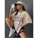 Black Sokak Kadın Kahverengi Baskılı 1898 Brooklyn New York Bej Oversize Bisiklet Yaka T-Shirt - L - XL