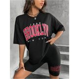 Black Sokak Kadın Kırmızılı Baskılı 1898 Brooklyn New York Siyah Oversize Bisiklet Yaka T-Shirt - S - M
