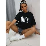 Black Sokak Kadın Siyah 90S Baskılı Düşük Omuz Oversize Bisiklet Yaka T-Shirt