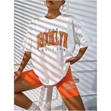Black Sokak Kadın Turuncu Baskılı 1898 Brooklyn New York Beyaz Oversize Bisiklet Yaka T-Shirt - S - M